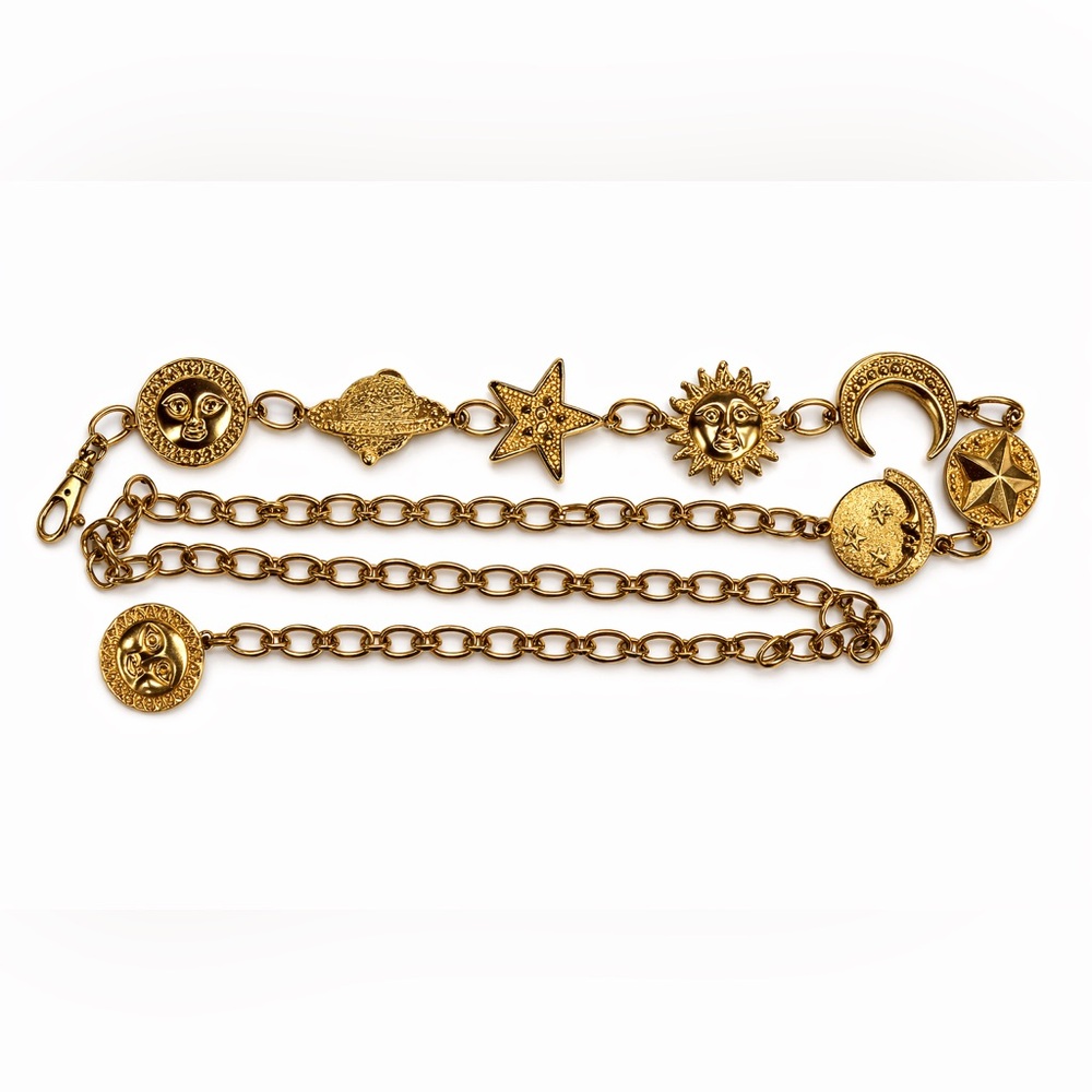 Vintage Celestial Sun Moon Star Gold Tone Chain Belt